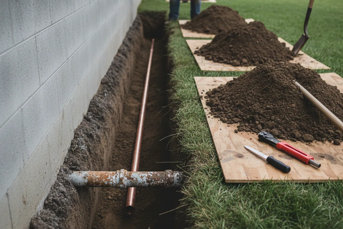 Excavated water line trench during Water Softener Installation in Newark